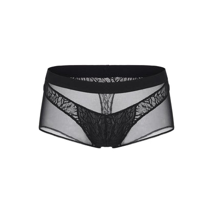 BSZN Men's Sexy Boxer Briefs, Black Plant Vein Lace Mesh Patchwork