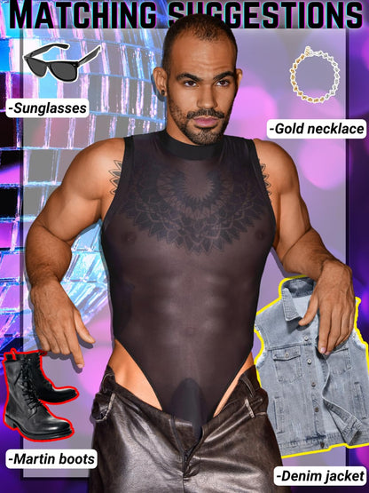 Sexy Glossy Mens Lingerie Sheer, Snap Crotch Thong Leotard High Cut Muscle Suit, Mesh Rave Bodysuit Top Club Outfits Black Medium-Large
