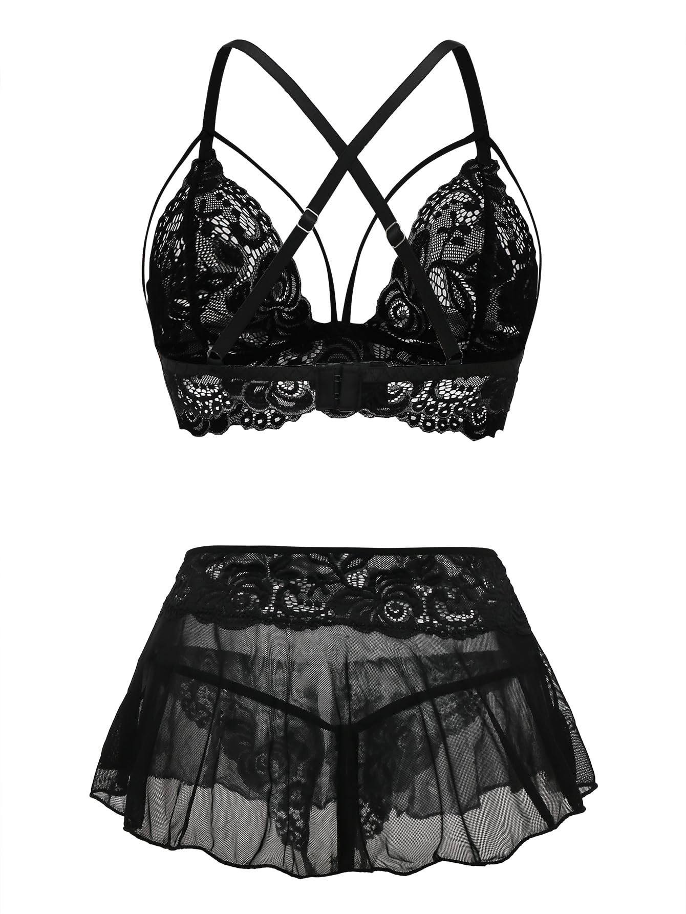Sexy Lingerie Set 3 Piece Women Outfit Bra with Thong Black M