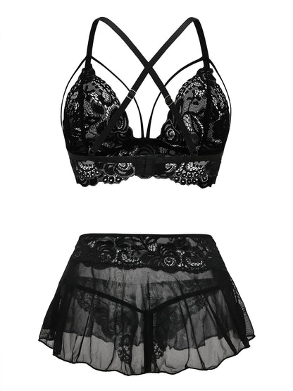 Sexy Lingerie Set 3 Piece Women Outfit Bra with Thong Black M