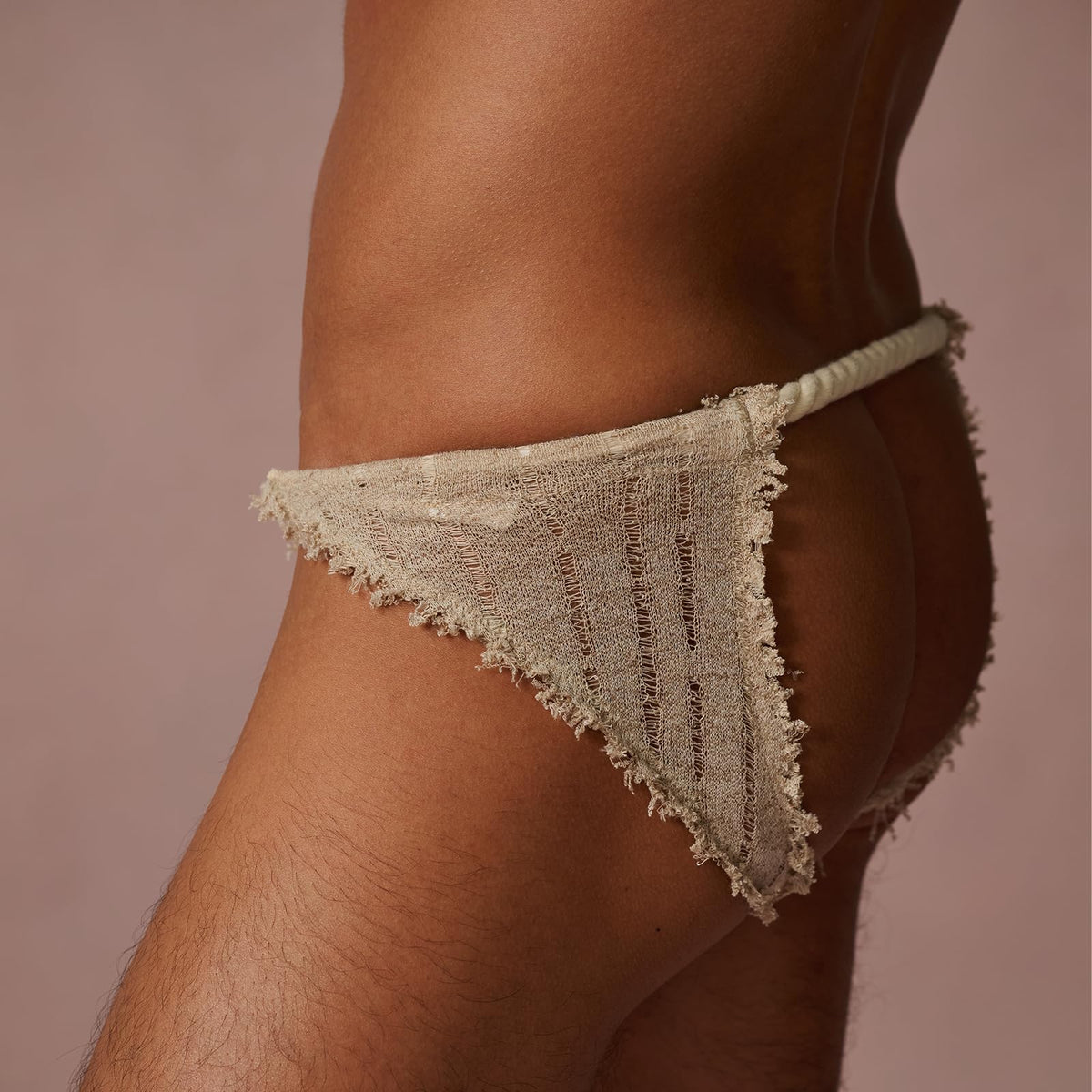 BSZN Men's Sexy Jockstrap, Sand Wasteland Style Frayed Fringe Twisted Cotton Rope Waistband Sheer Distressed Mesh Mid Rise Sexy Lingerie from A-Rough Artisan Collection