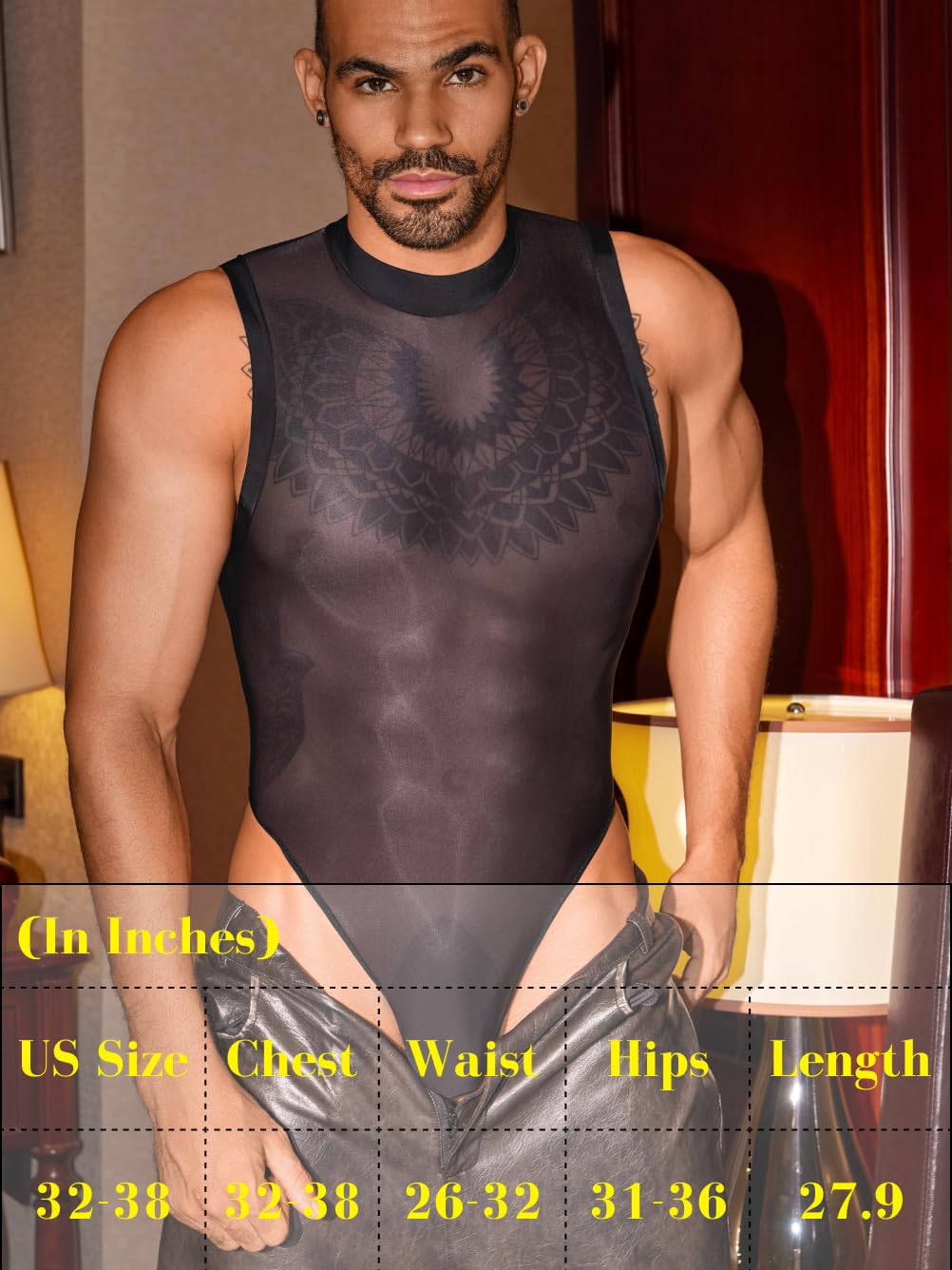 EHSUYAB Sexy Glossy Mens Lingerie Sheer, Snap Crotch Thong Leotard High Cut Muscle Suit, Mesh Rave Bodysuit Top Club Outfits Black One Size