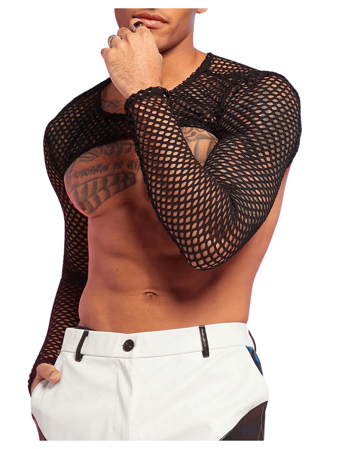 WDIRARA Men's Fishnet Sheer Mesh Long Sleeve T-Shirt Crop Top Slim Fit Party Tee Tops Black Small