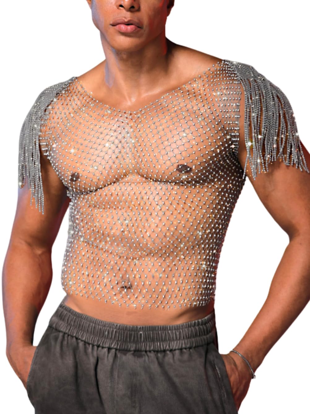 EHSUYAB Men Sexy Fringe Cap Sleeve Sparkly Rhinestone Mesh Top, See Through Fishnet Shirt Tank Tops, Concert Club Rave Outfit Silver One Size