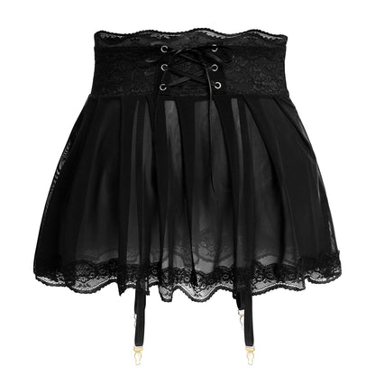 ABAFIP Men's Sissy Lingerie Mini Skirt Floral Lace Trim Mesh Sheer Skirts with Garters Belt See Thru Crossdressing Underwear Strappy Underpants Black X-Large