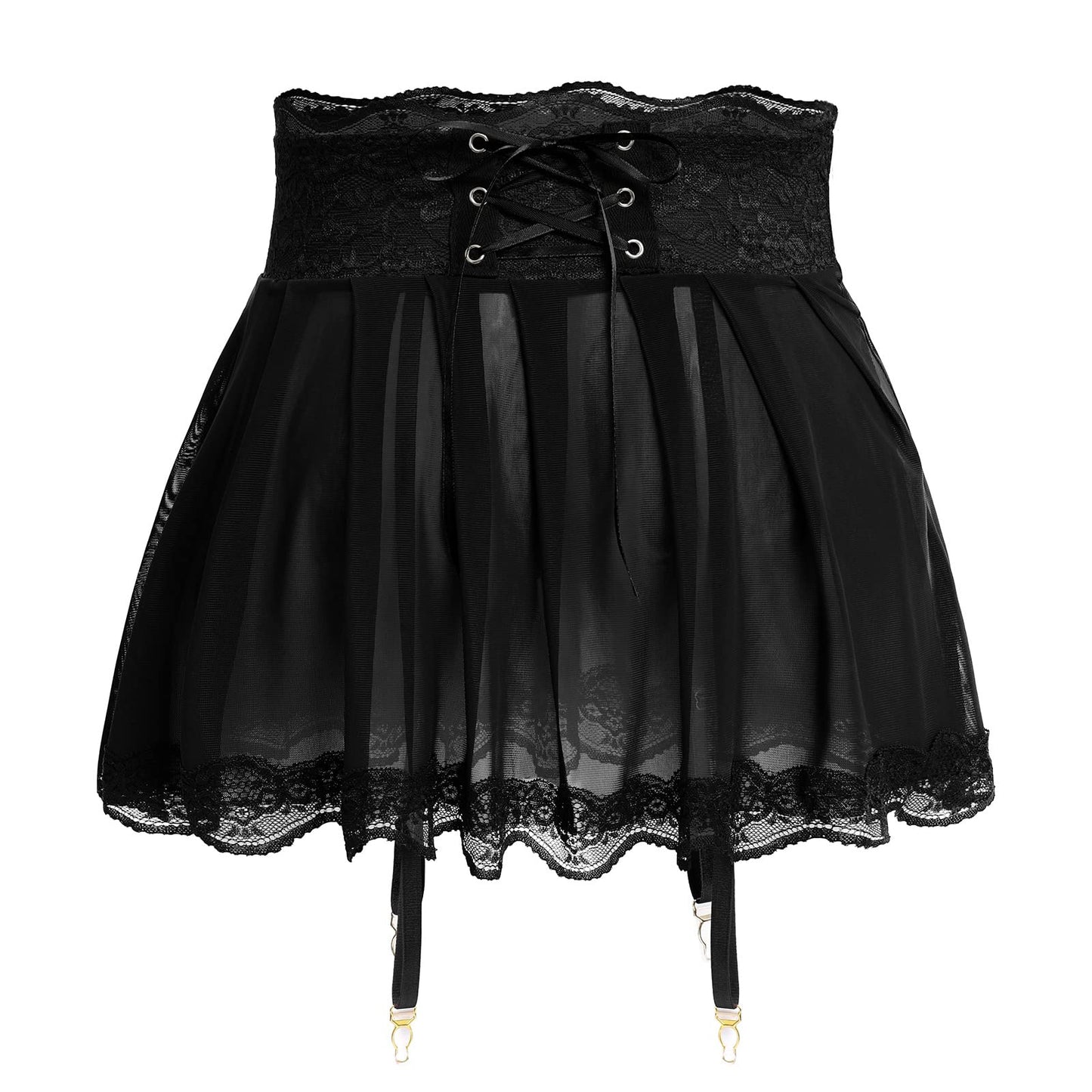 Men's Sissy Lingerie Mini Skirt Floral Lace Trim Mesh Sheer Skirts with Garters Belt See Thru Crossdressing Underwear Strappy Underpants Black Medium
