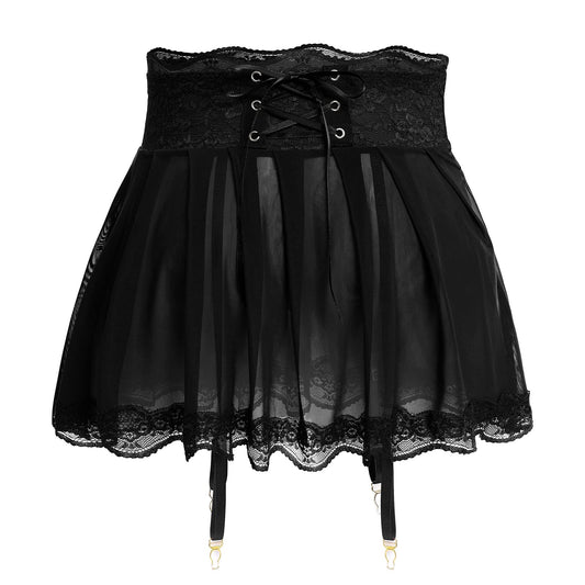 Men's Sissy Lingerie Mini Skirt Floral Lace Trim Mesh Sheer Skirts with Garters Belt See Thru Crossdressing Underwear Strappy Underpants Black Medium