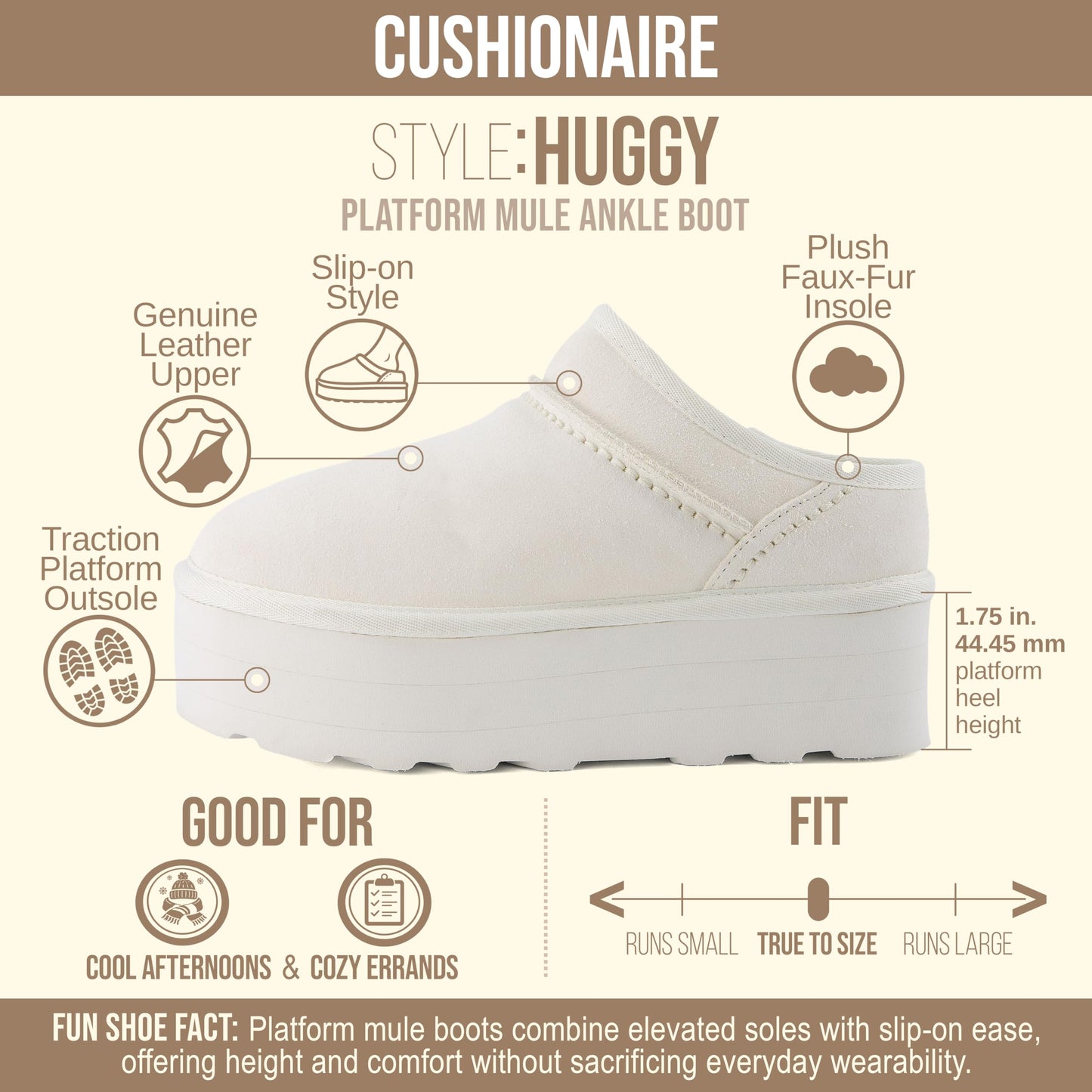 CUSHIONAIRE Huggy-2 Platform Slippers for Women, Cozy Genuine Suede Slip-On Ankle Boots for Indoor Outdoor Wear, Womens Slippers, OFF WHITE 9W