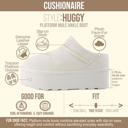 CUSHIONAIRE Huggy-2 Platform Slippers for Women, Cozy Genuine Suede Slip-On Ankle Boots for Indoor Outdoor Wear, Womens Slippers, OFF WHITE 9W