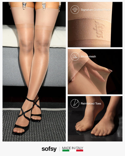 sofsy Signatured Italian-Made Nude Sheer Stockings for Garter Belt | 15 Den Women's Lingerie Thigh High Nylon | Silky Soft Seamless Fit - Medium
