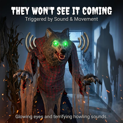 7FT Animated Halloween Werewolf Decoration - Sound Activated Werewolf Animatronic Outdoor with Motion, Lights and Sound, Scary Wolf in Red Plaid Shirt and Jeans, for Yard Porch Haunted House