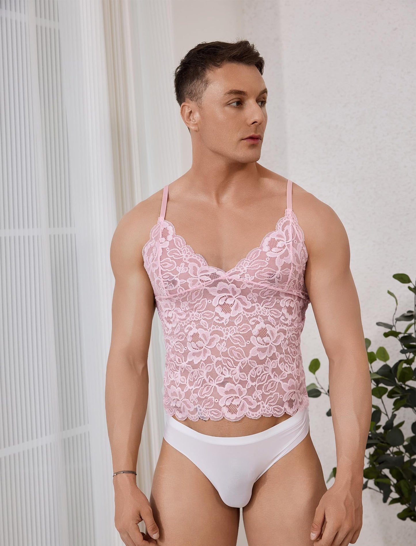 ABAFIP Men’s Sissy Lace Cami Top Floral Sheer Camisole Ruffle V-Neck Sleeveless Shirt See Through Undershirt Pink Medium