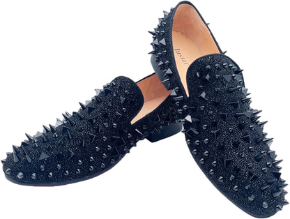 Justar Men's Leather Loafers Spikes Slippers Dress Shoes Slip-on Flats Party Shoes Black Gold (13, Black)