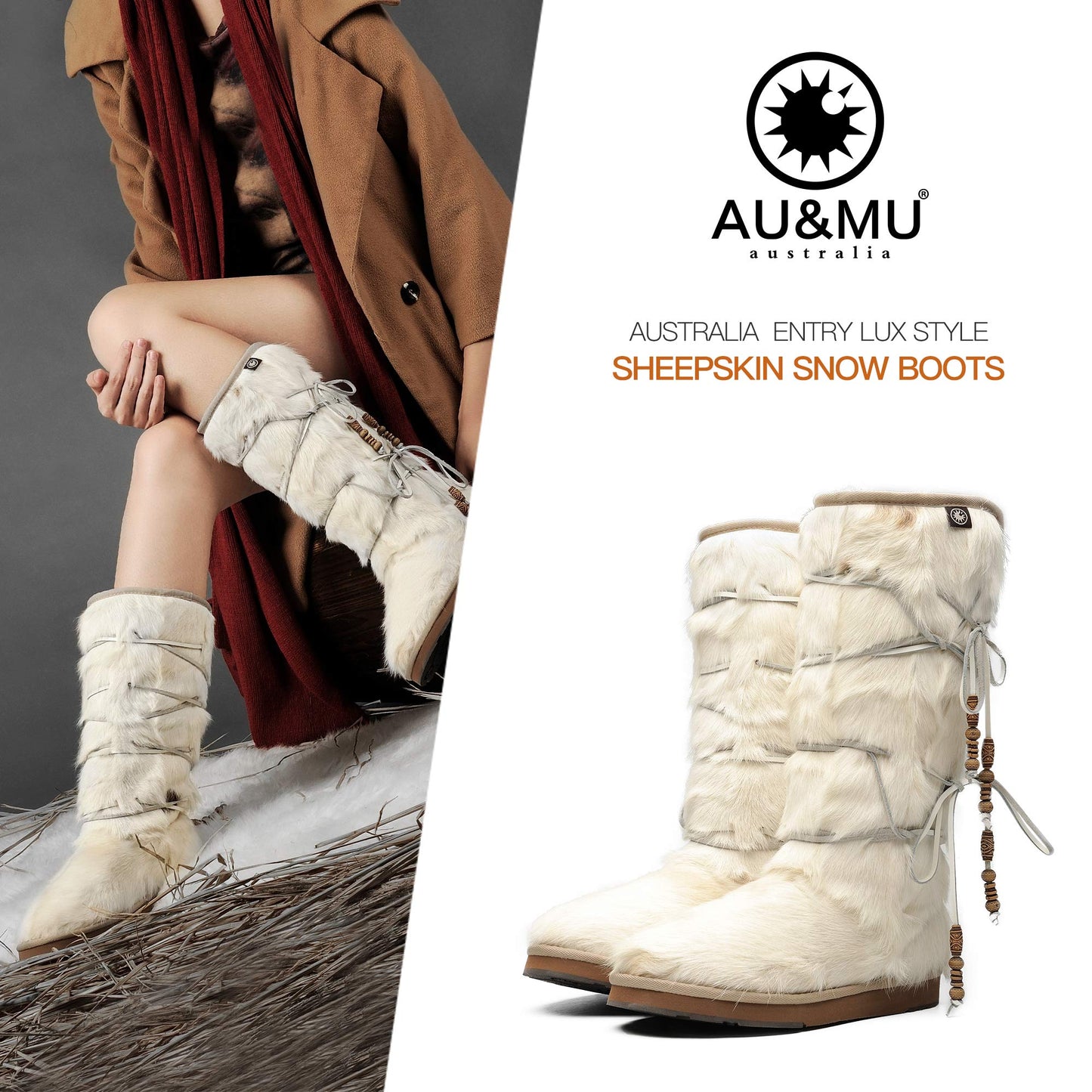 AUMU Womens Comfort Suede Fur Mid-calf Winter Boots White Size 7
