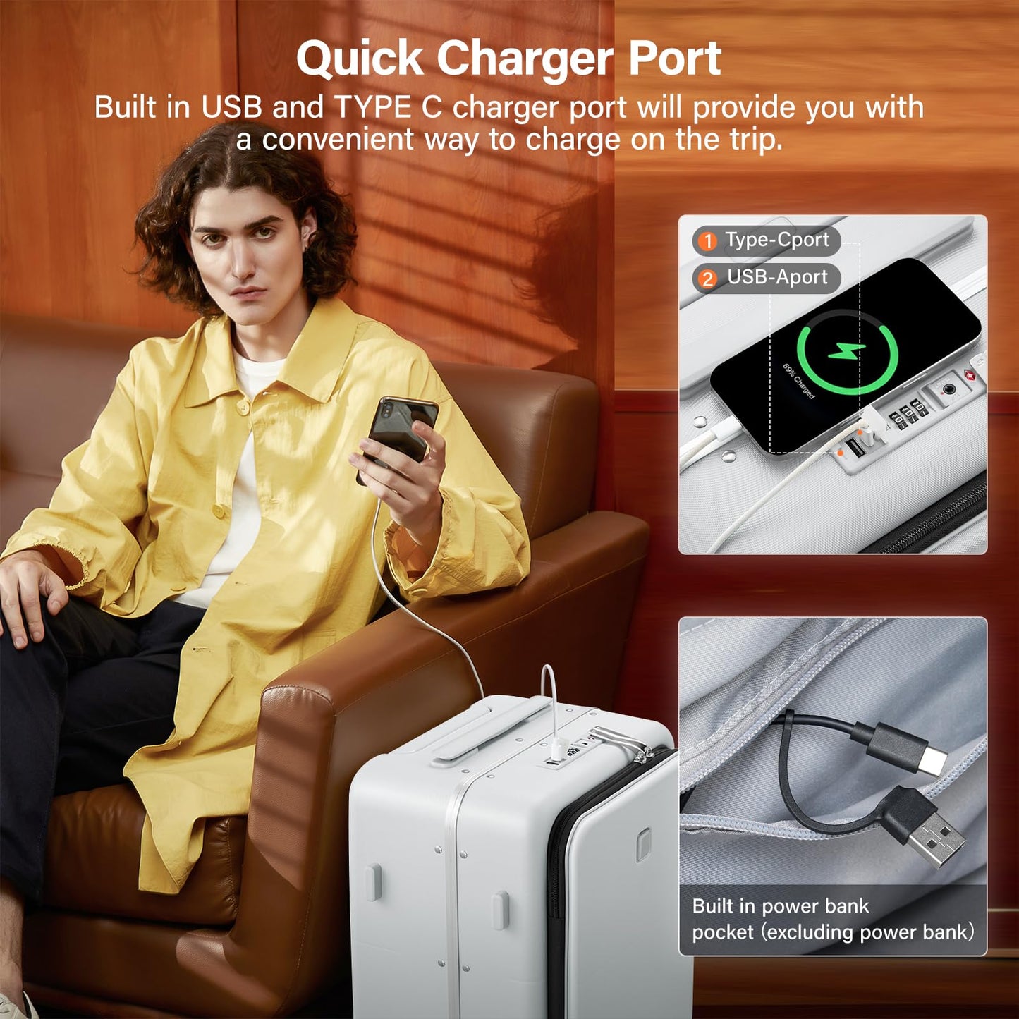 Hanke 28 Inch Luggage with Cup Holder and Charge,Top Opening Hard Shell Suitcases with Wheels and Dividers,Aluminum Frame Trunk Luggage Extra Large Suitcase with Lock for Travel,Smoke White