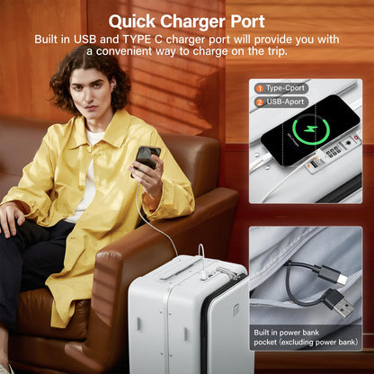 Hanke 28 Inch Luggage with Cup Holder and Charge,Top Opening Hard Shell Suitcases with Wheels and Dividers,Aluminum Frame Trunk Luggage Extra Large Suitcase with Lock for Travel,Smoke White