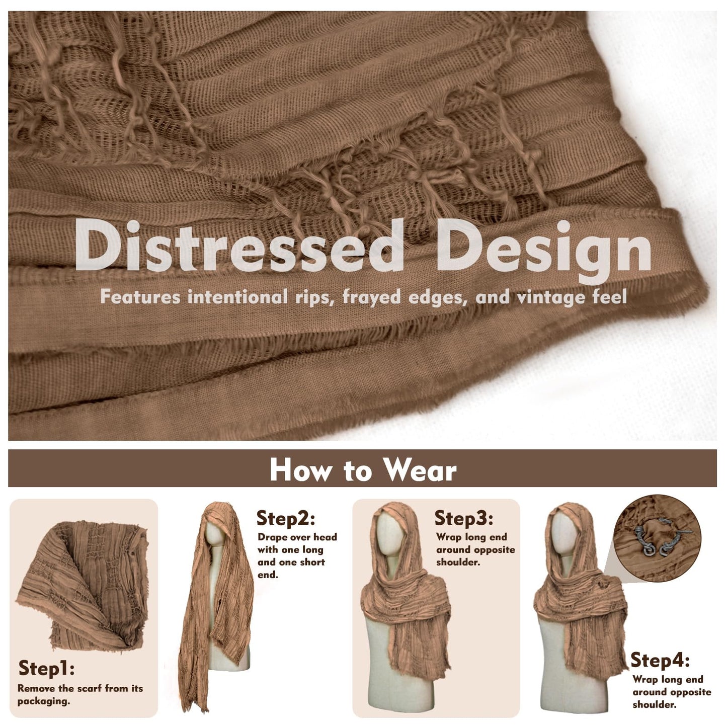 Desert Costume Hooded Shawl Scarf, Renaissance Fair Shoulder Cape (Brown)