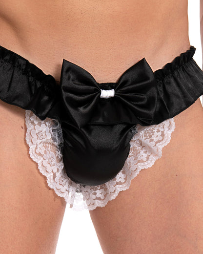 Satini Men's Satin Ruffle Bow Thong Sissy Knickers Briefs Jockstrap Panties (Black, XXL)