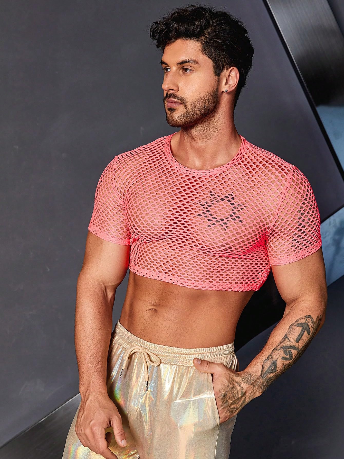 WDIRARA Men's Fishnet Mesh Tee Shirt Round Neck Short Sleeve Crop Top Hot Pink M
