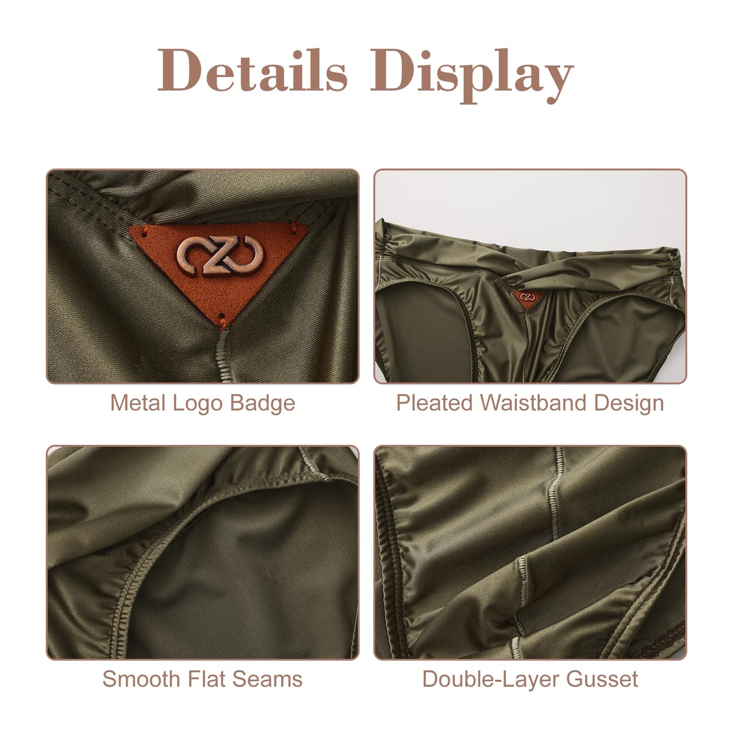 BSZN Men's Glossy Satin Briefs, Military Green Oil Slick Coated Underwear, Ruched Waistband Mid Rise Tight Fit, Waterproof Stain Resistant Sailor's Log Collection