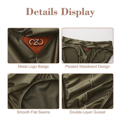BSZN Men's Glossy Satin Briefs, Military Green Oil Slick Coated Underwear, Ruched Waistband Mid Rise Tight Fit, Waterproof Stain Resistant Sailor's Log Collection