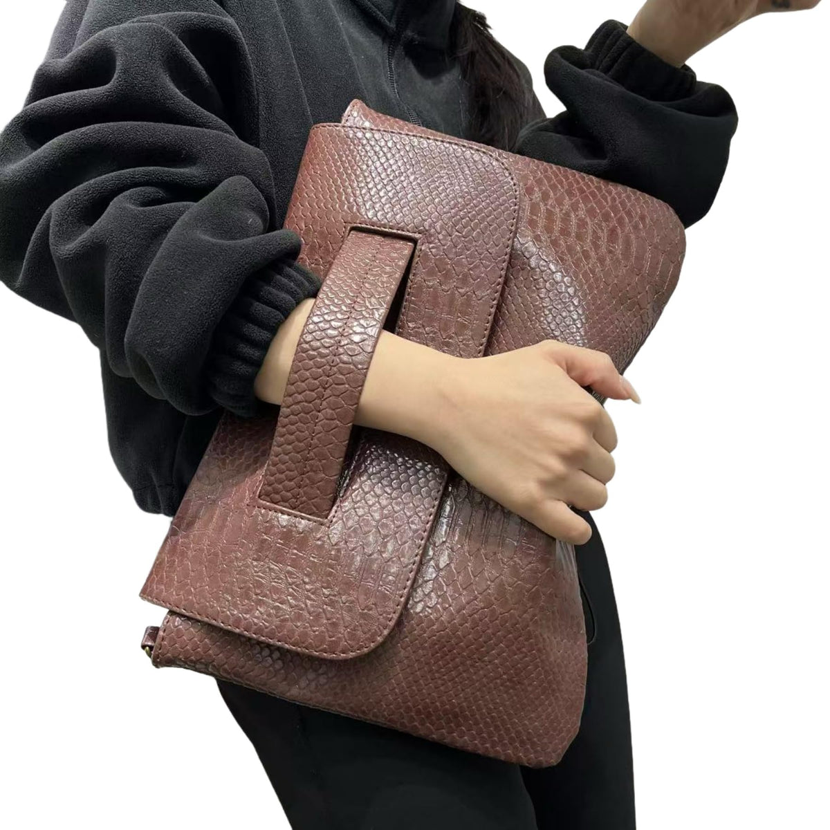 Women's Fashion Snake-Print Vegan Leather Clutch Handbag High-Capacity Vintage Evening Purse Messenger Shoulder Bag,Brown