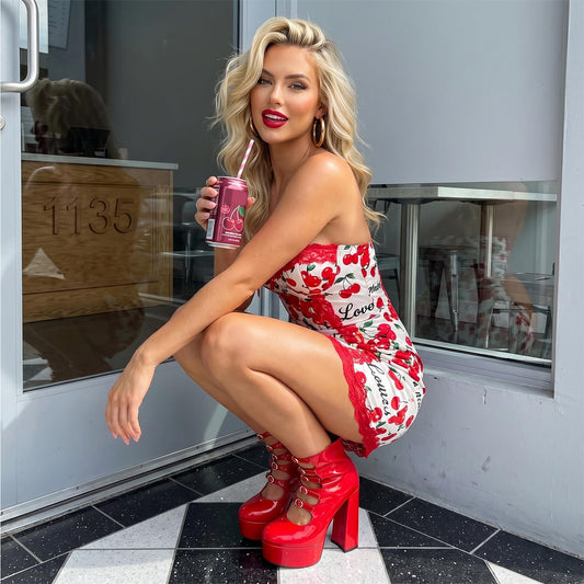 Red Platform Boots for Women, Red Patent Leather Chunky Platform Heels Goth Boots, Strap Buckle Side Zipper Gothic Block Heels