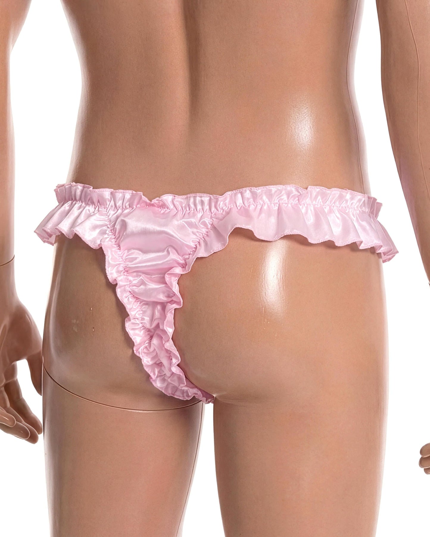 Satini Men's Satin Ruffle Low Rise Sissy Thong Tanga Knickers Briefs Panties (Baby Pink, L)