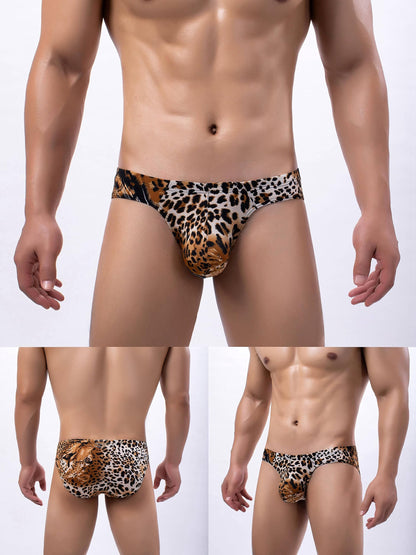 3Pack Men's Ice Silk Low Rise Leopard Bikini Briefs Underwear Black Leopard Golden XL