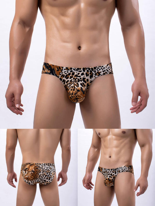 3Pack Men's Ice Silk Low Rise Leopard Bikini Briefs Underwear Black Leopard Golden XL