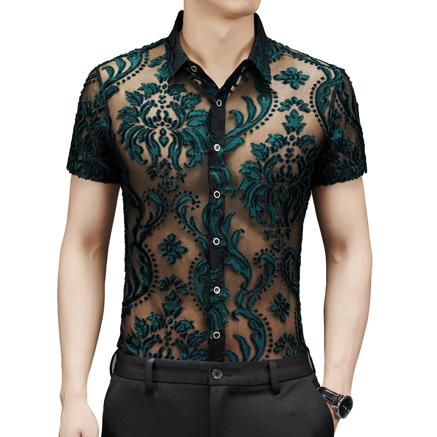 Yonititeee See Through Shirts for Mens Sexy Short Sleeve Flower Fishnet Lace Shirt Green Chest 36 Inches