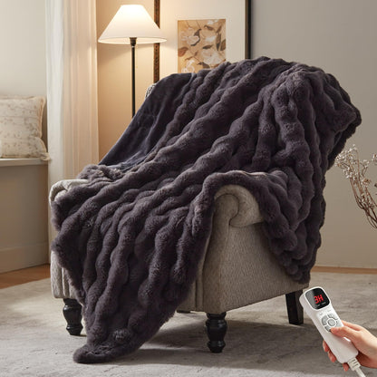 Electric Heated Blanket,50x60 Heating Throw Soft Bubble Flannel Dark Grey