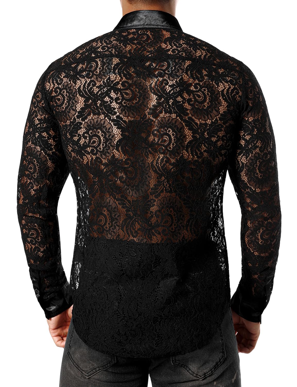 JOGAL Men's See Through Flower Lace Sheer Blouse Long Sleeve Button Down Shirts Dark Black Large