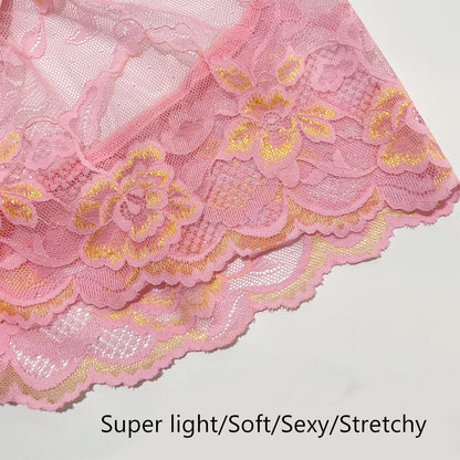 Mens Sexy Boxer Briefs Breathable Lace Underwear (US, Alpha, One Size, Regular, Regular, Pink)