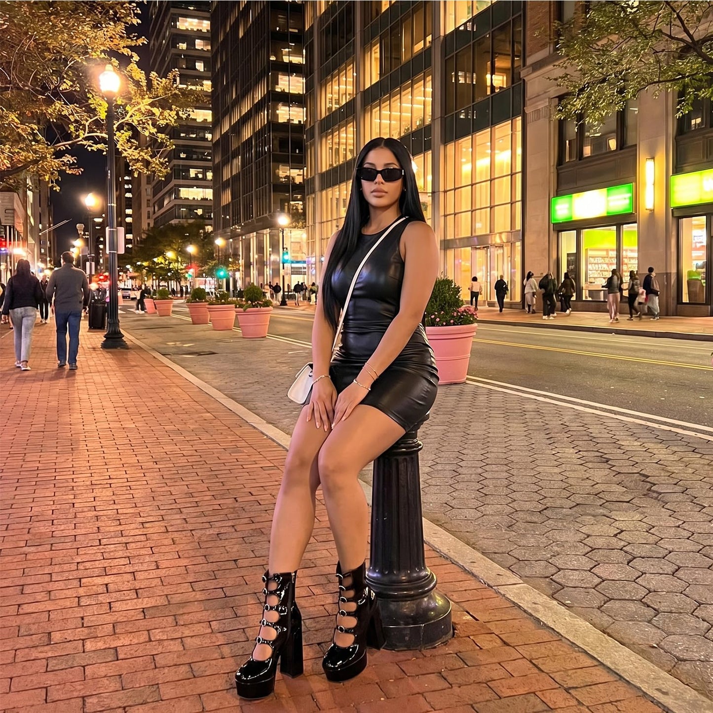 Black Platform Boots for Women, Black Patent Leather Chunky Platform Heels Goth Boots, Strap Buckle Side Zipper Gothic Block Heels