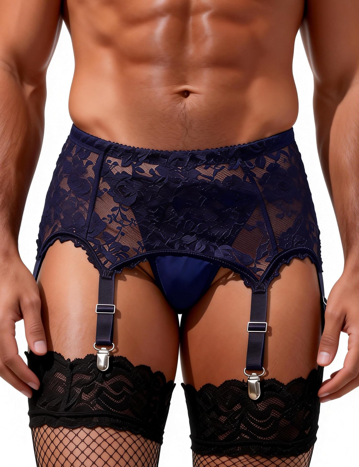 Men's 6-Strap High-Waist Blue Lace Garter Belt with Metal Clamps Adjustable Suspenders Garter Belts for Thigh Highs, M