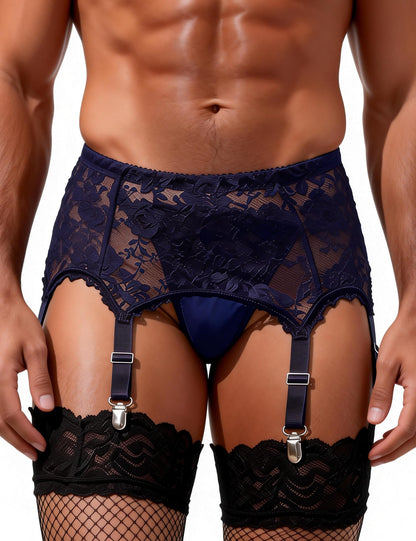 Men's 6-Strap High-Waist Blue Lace Garter Belt with Metal Clamps Adjustable Suspenders Garter Belts for Thigh Highs, M