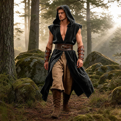 Mens Medieval Hooded Surcoat Renaissance Sleeveless Cloak for Halloween