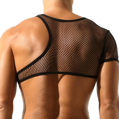 Men's Fishnet Crop Tops Mesh Tank Tops Sheer Undershirt Nightwear