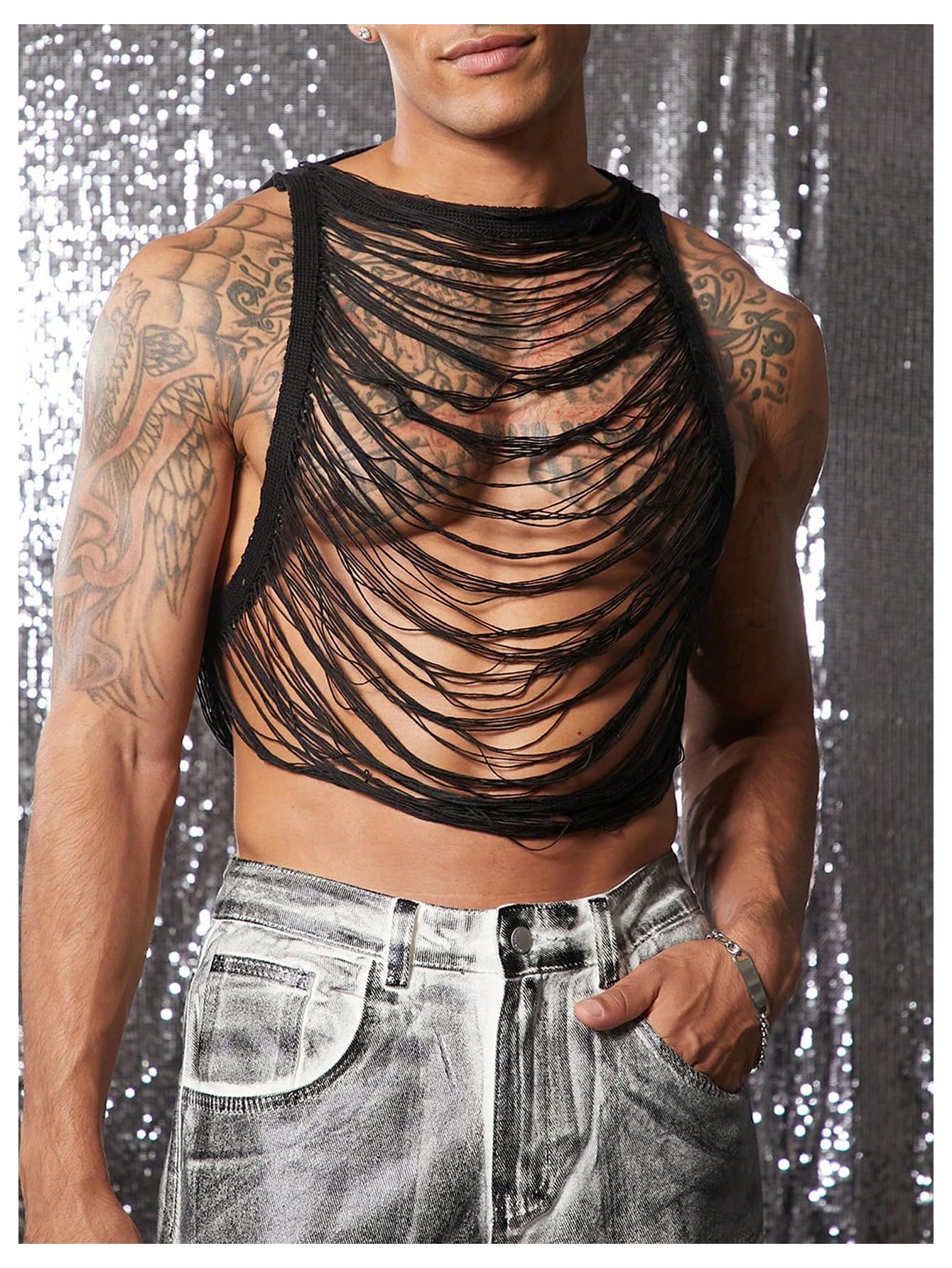 OYOANGLE Men's Hollow Out Ripped Sweater Vest Sleeveless See Through Crop Tank Tops Party Clubwear Black Small