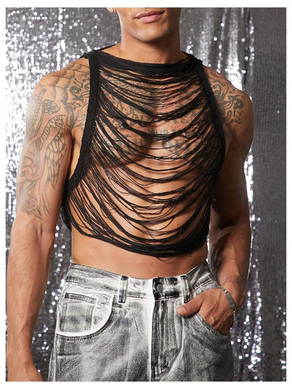 OYOANGLE Men's Hollow Out Ripped Sweater Vest Sleeveless See Through Crop Tank Tops Party Clubwear Black Small