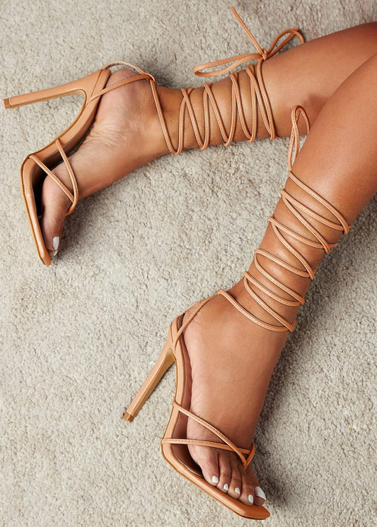 Women's Lace Up Heeled Sandals Square Flip Flop High Heels Strappy Party Shoes,Taupe,Size 7