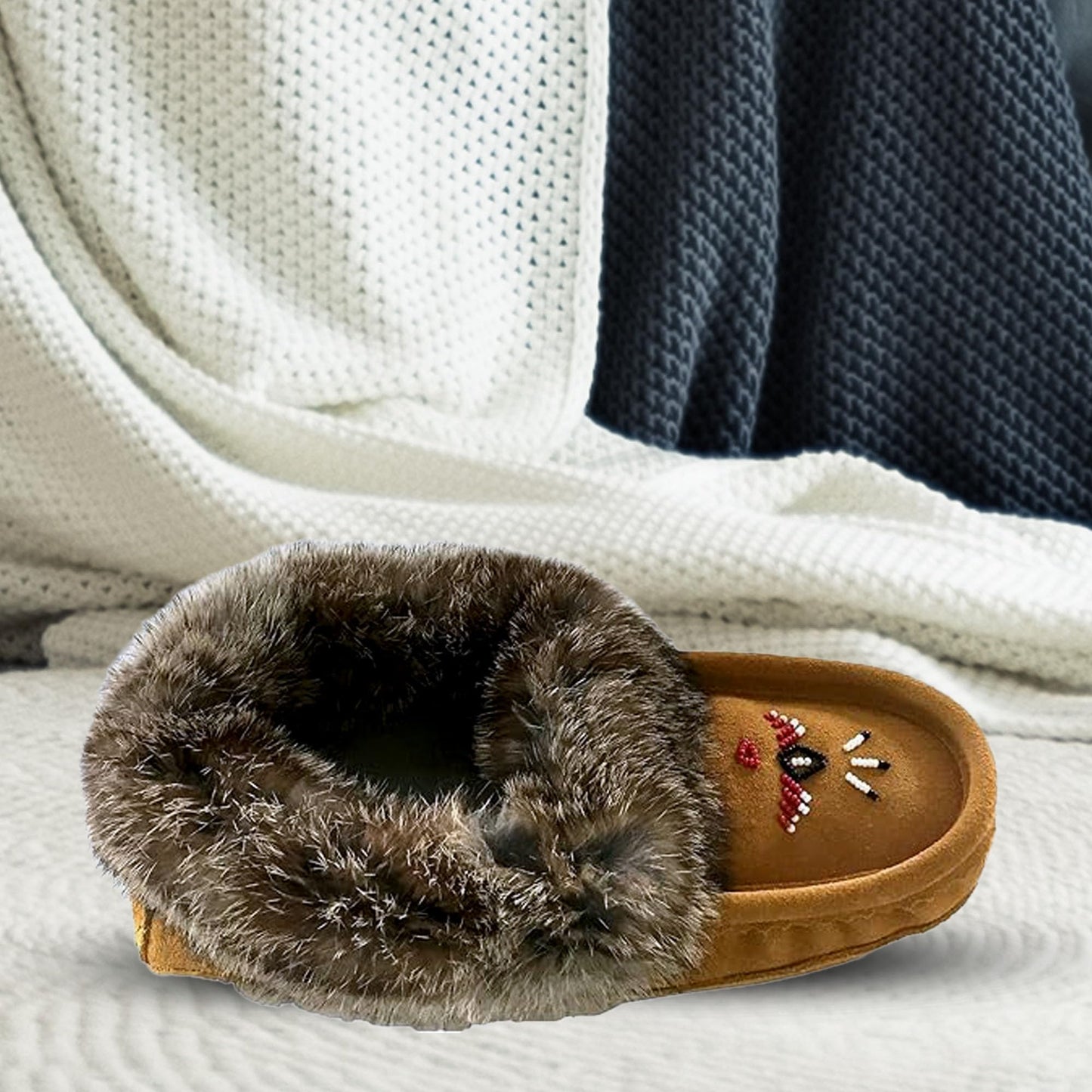 Laurentian Chief Moccasin Slippers for Woman - Orlon Beaded Slippers with Fur Trim and Padded Sole, Canada Quality Womens, Comfortable Stylish Indoor Moccasins for Women