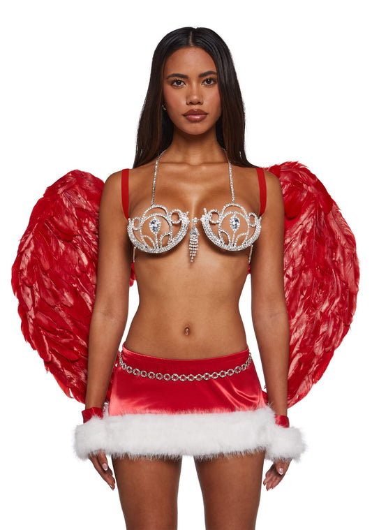 Dolls Kill Supermodel Angel Costume by Trickz N’ Treatz – Women’s Red Bejeweled Bra, Skirt, Gloves & Wings Set, Medium