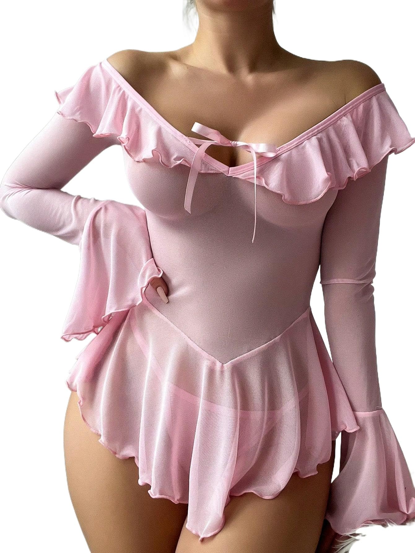 Neohouny Women's Exotic Lingerie Sets Babydoll Lingerie Set Mesh Long Sleeve Tops Music Festival Bridal Outfits Pink S