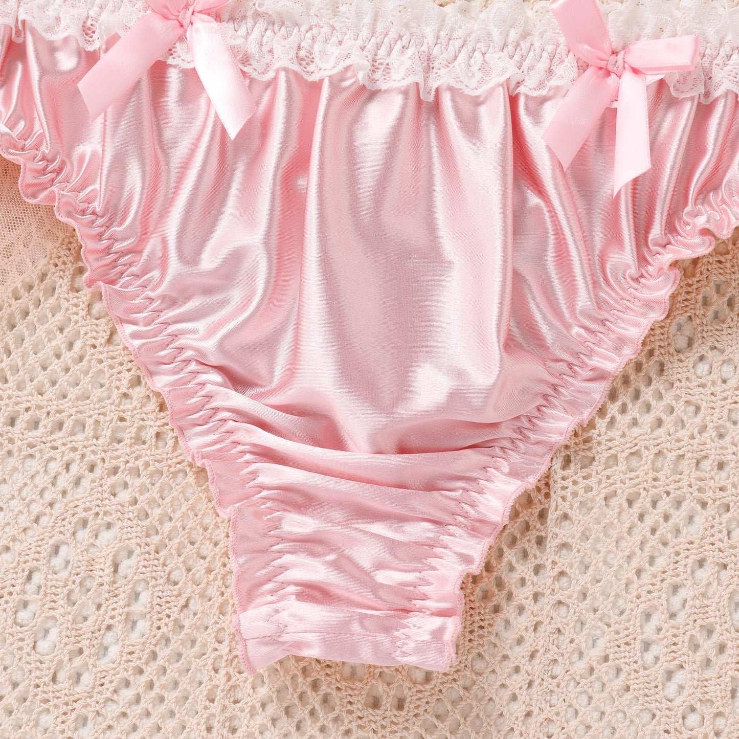 Men's Satin Frilly Lace Trim Sissy Bowknot Thong Panties Elastic Waist G-string Briefs Underwear Pink X-Large