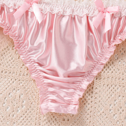 Men's Satin Thong Sissy Panties,Silky Crossdresser Lingerie Lace Bowknot Femboy Underwear