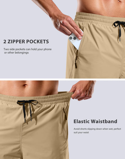 Mens Swim Trunks with Compression Liner -  Quick Dry Board Shorts Swimsuit Bathing Suit for Men - Khaki