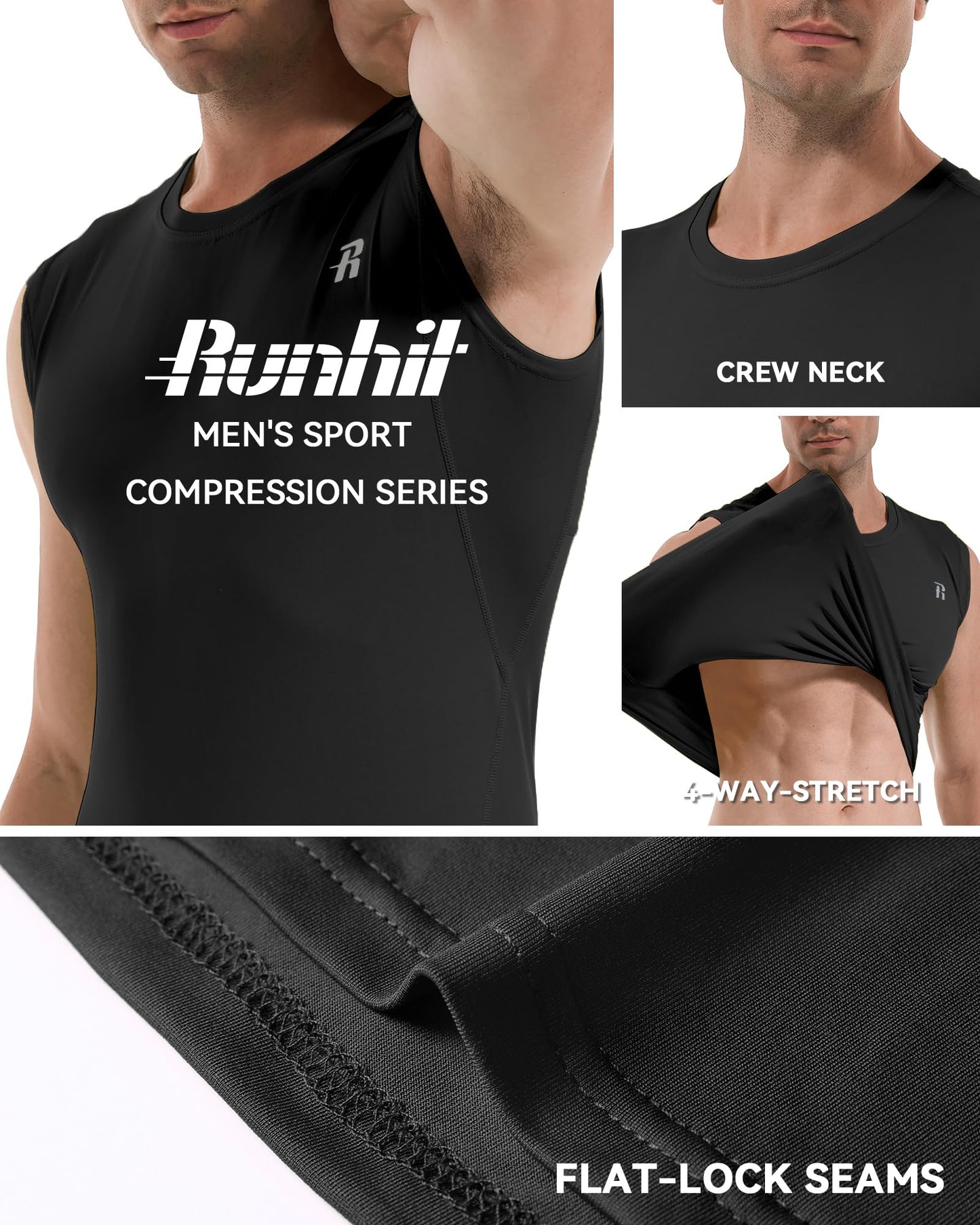 Runhit Sleeveless Compression Shirt Men Tank Tops Gym Workout Mens Sleeveless Tee Shirts for Running Black M