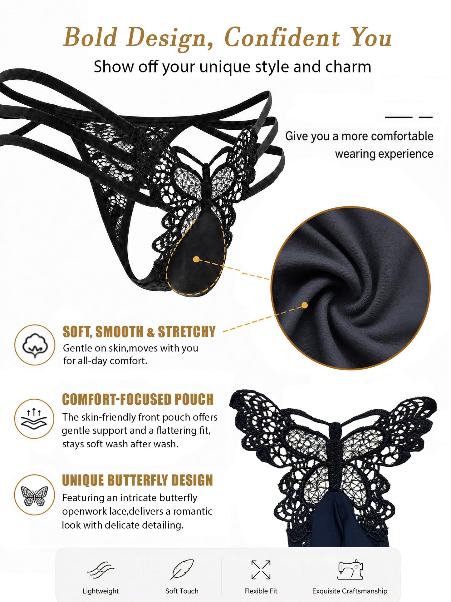 Men's Butterfly Lace Thong Underwear Sissy G-String Strappy Bikini Briefs